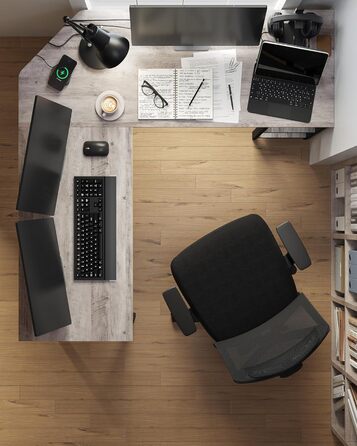 VASAGLE Desk, L-Shaped Computer Desk, 138 x 138 x 76 cm, Corner Desk with 2 Shelves, Space-Saving Office Desk, Gaming, Home Office, Easy Assembly, Greige-Black LWD72MB Greige + Black