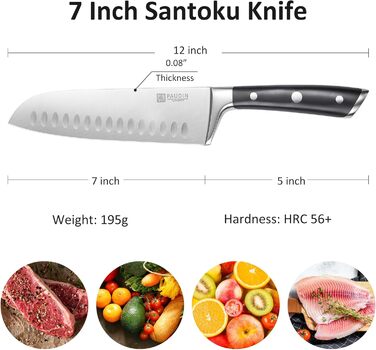 Кухонний ніж Santoku PAUDIN 17 см, професійний, японський стиль, з німецької високовуглецевої сталі, надгострий, довговічний, ергономічна ручка