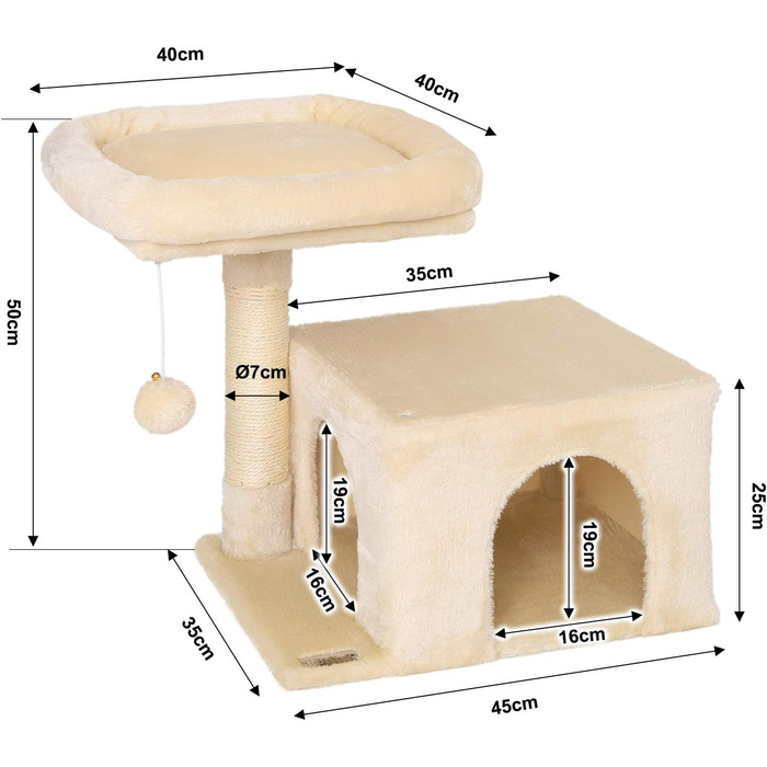 Cat scratching post with a cozy lying area & cave, height 50 cm, cat tree with plush ball incl. bell, sisal rope & soft plush, suitable for small & large cats, beige