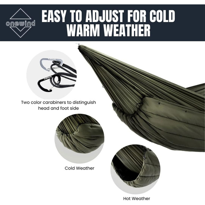 Onewind Hammock Underquilt, full-length underquilt with insulation for hammock camping, 4 seasons, hiking, backpacking, and travel. Lightweight and portable