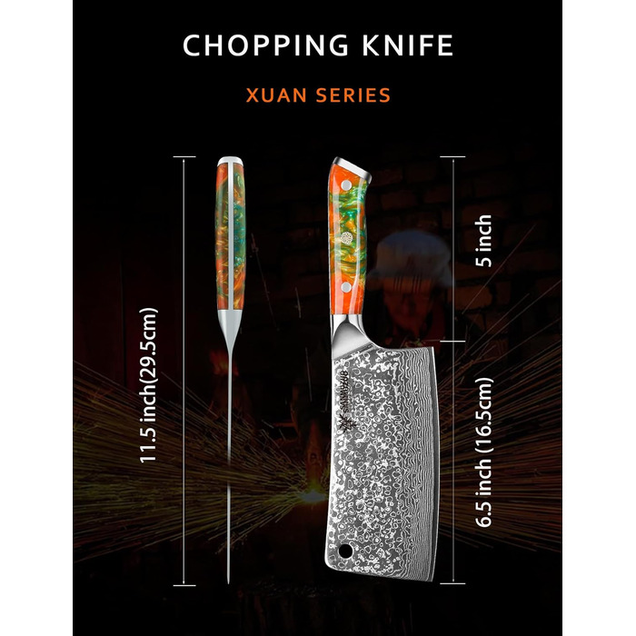 Ніж м'ясник Sanmuzuo Hackmesser 17 см, професійний, Дамаск, Xuan Serie, VG10 сталь, ручка з епоксидної смоли (сапфірово-блакитна)