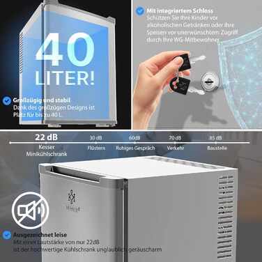 Міні-холодильник KESSER® 40L з замком: для кемпінгу, офісу, спальні, готелю, кухні. Безшумний, з LED-підсвіткою та відкривачем для пляшок. Срібний колір.