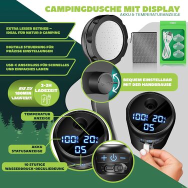 Соняшний душ KESSER® з насосом та акумулятором 8000mAh. Комплект для кемпінгу: 20л бак, регульована насадка, 2м шланг, пістолет-пульверизатор та кріплення.