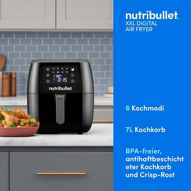 Nutribullet Hot Air Fryer 7L XXL Air Fryer with a wide selection of cooking modes, digital LED touchscreen, 8 programs, preheat & keep warm, grill, no oil, 1800 W, Black