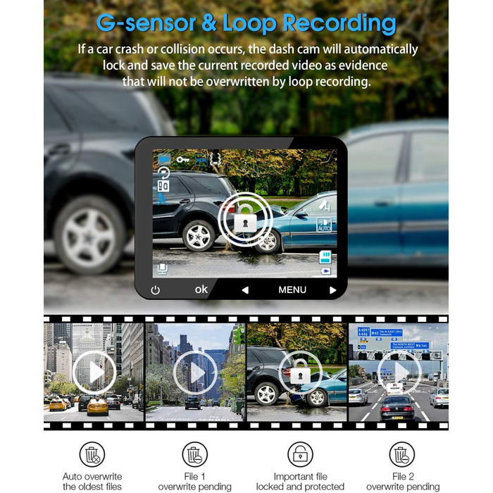 Dashcam Abask J05: Автомобільна камера 1080P з SD 32GB, 310° кут огляду, Park Watch, HDR, Інфрачервоне нічне бачення, G-сенсор, Loop Recording