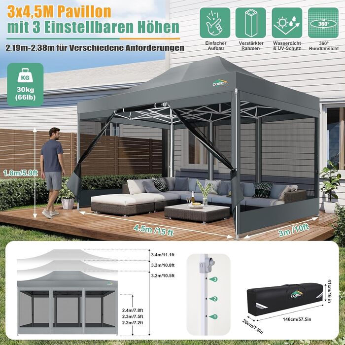 COBIZI Pavilion 3x3m Foldable, Waterproof & Winterproof – Stable Garden Tent with 23mm Steel Pipe, UV50+ and Mosquito Nets for Camping/Parties + Carry Bag (Gray, 3mx4.5m)