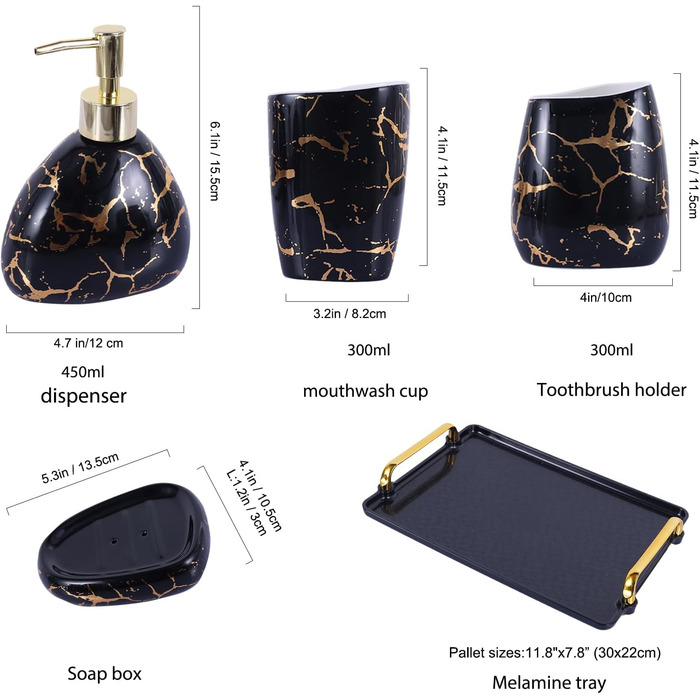 Black bathroom accessory set, gold marble look, modern 6-piece bathroom accessory set, complete with soap dispenser, toothbrush holder, cup, tray, countertop.
