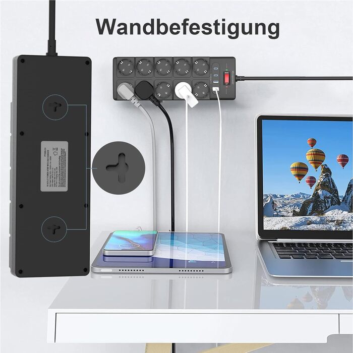 Многорозетка IECOPOWER з USB (PD 20W), захистом від перенапруги, 4000W/16A, 1050 Дж, 2 м, з вимикачем, чорна