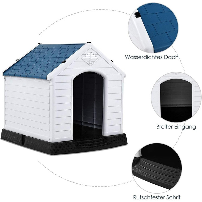 Будка для собак COSTWAY, пластикова хатинка для собак з піднятим дном та водонепроникним дахом, хатинка для домашніх тварин, для саду, приміщень та вулиці, блакитно-біла (70x65x71,5 см)