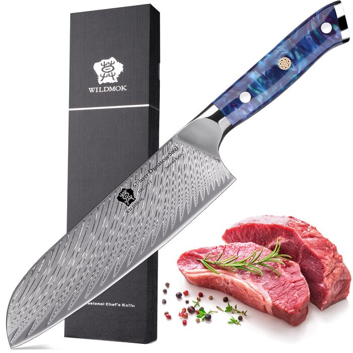 Японський кухонний ніж Santoku WILDMOK 17 см, сталь VG10 Дамаск, синій ергономічний руків'я для кухні
