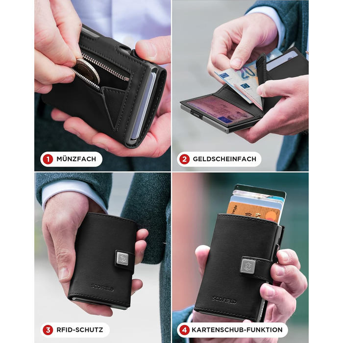 Чоловічий гаманець SF SCOFIELD з відділенням для монет | Тонкий гаманець на 9-11 карток | RFID захист | Чоловіче портмоне | Гаманець з монетницею | Чорний | Slim Wallet