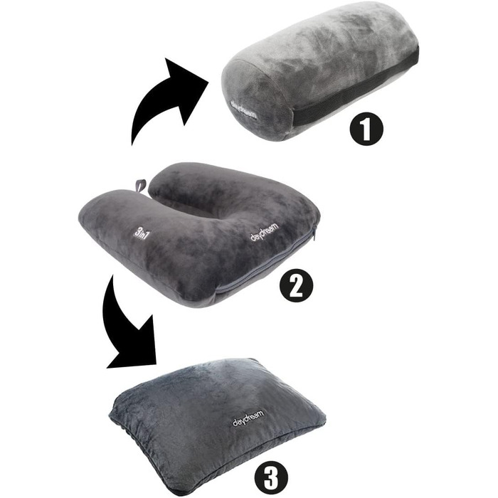 Daydream 3-in-1 Neck Pillow with Microbeads - Neck Support, Travel Pillow, and Neck Roll all in one - also for camping, Grey