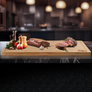 Дерев'яний обрізний стіл Deer & Oak XXXL 60x40x3.2 см - Преміум дерев'яний стіл для кухні, бамбуковий обрізний стіл 60 см, обрізні дошки для сервірування та нарізання - двосторонній, попередньо олійований, з жолобками для соку, бічні ручки