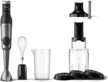 Philips 5000 Series Immersion Blender incl. Whisk, Spiralizer, XL Chopper - 1200 W power. ProMix technology. LED speed indicator. Infinite speed setting (HR2684/00) + Whisk, Spiralizer, XL Chopper