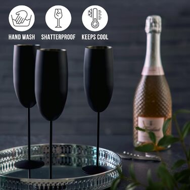 Преміум келих для шампанського та просекко Oak & Steel з нержавіючої сталі (2 шт., 280 мл) - Зручні, міцні, у подарунковій коробці (матова чорна)