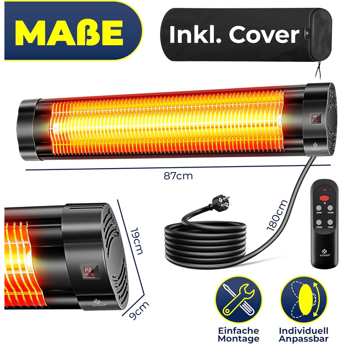 Інфрачервовий обігрівач KESSER® 2500W з пультом, 3 режими, швидкий нагрів, кріплення на стіну, для тераси, кварцовий, з захисним чохлом, таймер - антрацит (чорний)
