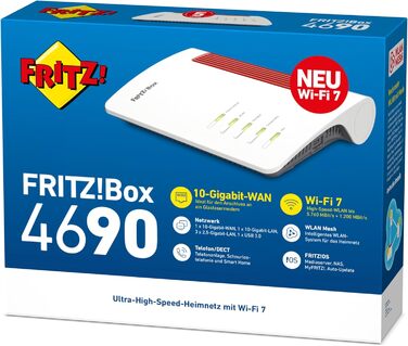 Fritz!Box 4690: Wi-Fi 7 Mesh Роутер для кабелю, DSL або оптики, до 6960 Мбіт/с, 1x 10G WAN, 3x 2.5G LAN