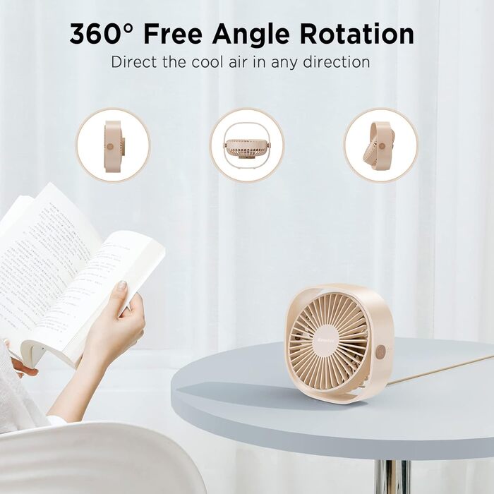 EasyAcc USB вентилятор: компактний настільний вентилятор з 3 швидкостями, 360° обертання, 2 роки гарантії, для офісу, дому, Beige