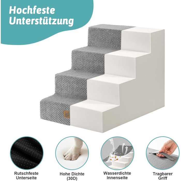 Сходинка для собак COZY KISS, 5 сходинок, 60 см, сіра. Підходить для маленьких собак та котів, знімний чохол, 60x45x45 см
