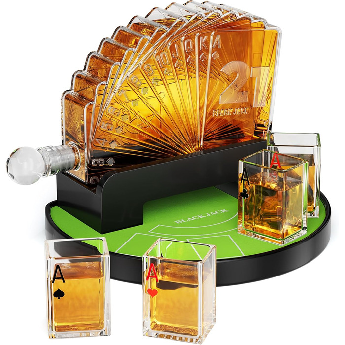 Набір для віскі Kollea Blackjack: Декантер 37,2 Oz та 4 келихи, стиль Казино, подарунок для чоловіків