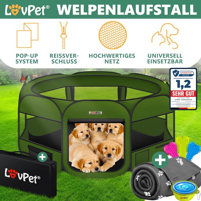 LOVPET® Foldable Pet Playpen - Indoor/Outdoor Dog & Cat Enclosure with Bowl & Fleece Blanket - Oxford Fabric Pop-Up System