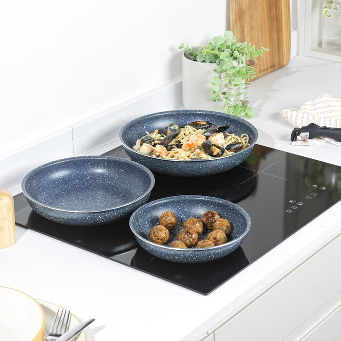 Набір сковорідок Russell Hobbs Smart Clip & Cook, 3 шт, антипригарні, знімна ручка, для індукції, духовки, 20/24/28 см, Nightfall Stone