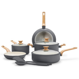 Набір посуду GreenPan Rio Essence Wood 10 предметів: керамічне антипригарне покриття, індукція, силіконові кришки, дерев'яні ручки, сірий