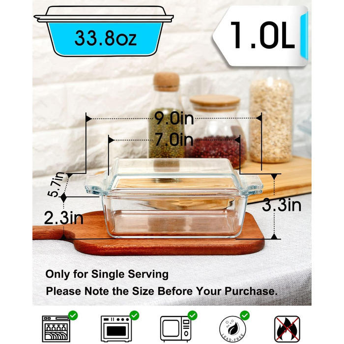 Прямокутна форма для запікання з кришкою, 2L, 24x20x6 см, скляна форма для лазаньї на 2 порції, для мікрохвильової печі та духовки