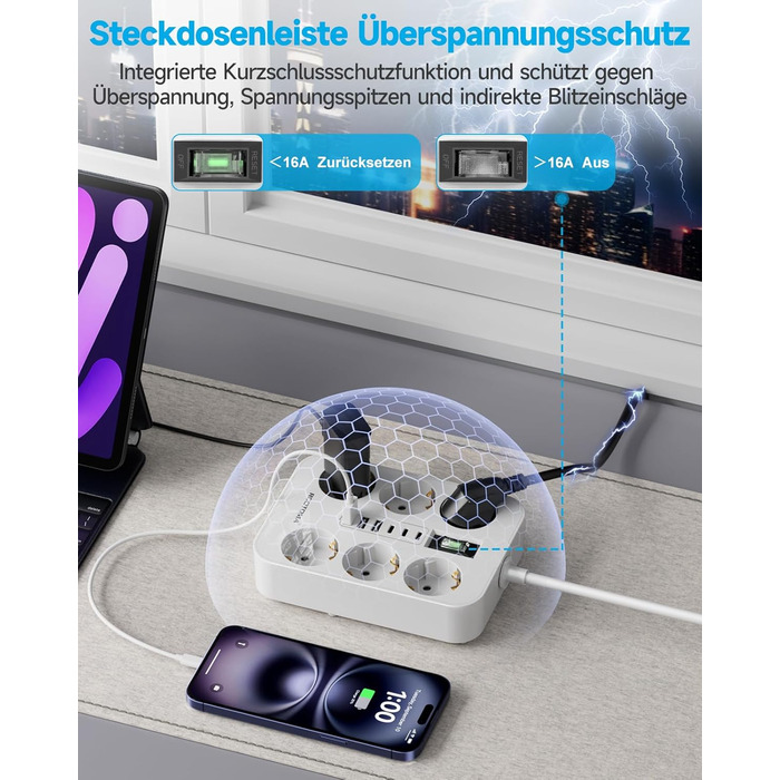 Мережевий фільтр 6-фазовий з USB (3 USB-A, 3 USB-C), з вимикачем та 2м кабелем, захист від перенапруги, чорний (2м білий)