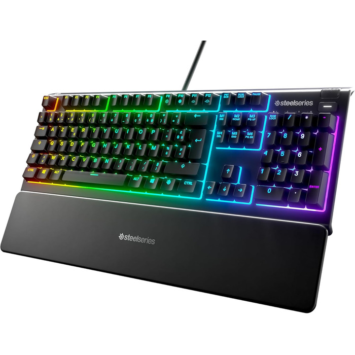 Клавіатура SteelSeries Apex 3 для геймінгу з RGB-підсвічуванням та магнітною підставкою для зап'ястя, QWERTY, чорна
