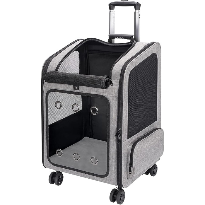 Транспортна переноска для собак та котів великого розміру з колесами, сірого кольору. Рюкзак-переноска для собак до 15 кг з прозорим вікном.