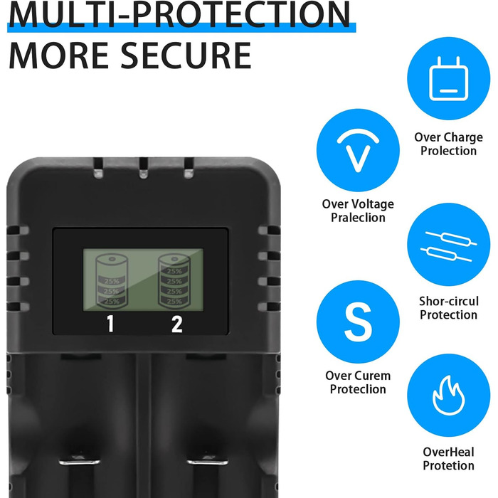 Зарядний пристрій для акумуляторів Li-Ion з LCD-дисплеєм, 4 слоти, швидка зарядка, сумісний з 26650/18650/14500/16340