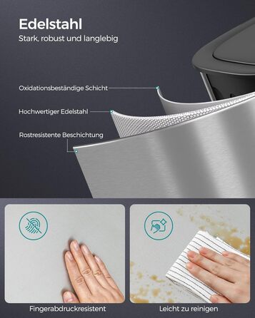 Відро для сміття SONGMICS з датчиком 50л, з м'яким закриттям, з нержавіючої сталі, з кільцем для пакетів, срібне (LTB610E50)