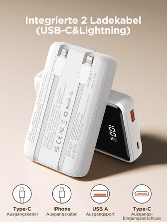 Power Bank 20000mAh з вбудованим кабелем, швидка зарядка 22,5W, USB-C, LED-дисплей, для iPhone 17 16 15 14 13 12 11, білий, 20000mAh