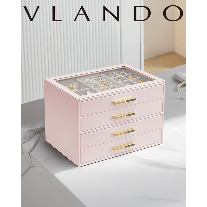 Скринька для прикрас Vlando - Організатор для прикрас з 3 рівнями, рожевий, з 4 шухлядами та скляною кришкою