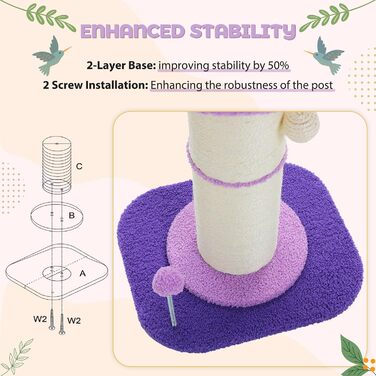 Flower Cat Tree - Small Cat Tree for Indoor Cats with Super Thick Scratching Post [Dia=14cm], Detachable Flower Cat Bed, Feather Ball - (Purple)
