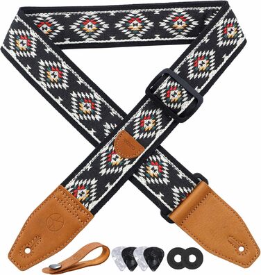 Гітарний ремінь 5,1 см з бавовняного друку, квітковий принт, з повнозернової шкіри, для бас-гітари, електрогітари та акустичної гітари, безкоштовна кнопка для ремінця, фіксатори ремінця та медіатори. Жовті ромашки (Чорний діамант)