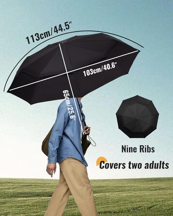 Чорний парасолька-тростина, великий, стійкий до вітру, автоматичний, для чоловіків та жінок, діаметр 102 см, 9 спиць, тканина 210T