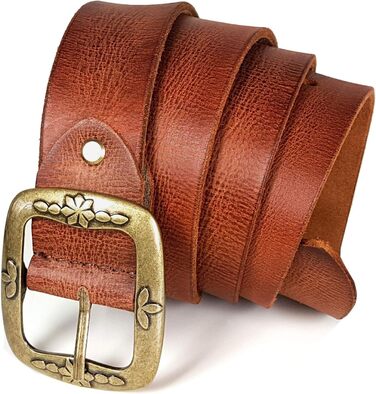 Жіночий шкіряний ремінь ROYALZ Vintage з буйволової шкіри 38 мм, колір коньяк, з антикварною квітковою пряжкою, регульований, довжина 110 см (талія 95 см)