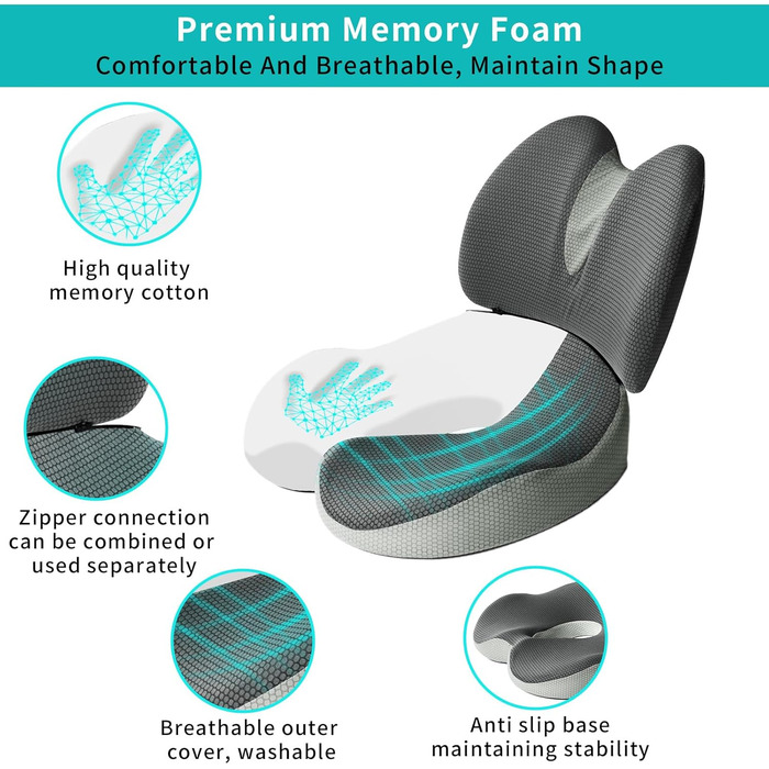 Набір подушок для сидіння та підтримки спини 2 в 1, ергономічні подушки з memory foam для офісного крісла, автокрісла, інвалідного візка, зняття болю при геморої та хворих купритових кісток