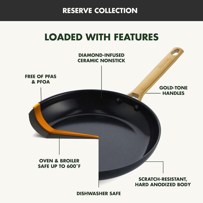 GreenPan Reserve Hard Anodized, Healthy Ceramic Non-Stick Coating, 16-Piece Cookware Set, Pots and Pans, Golden Handle, PFAS-Free, Dishwasher Safe, Oven Safe, Black 16 Piece Cookware Pots and Pans Set Schwarz