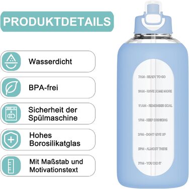 2 Liter Glass Water Bottle, 2L Glass Bottle, Glass Water Bottle with Straw, Bottle Brush (Blue)