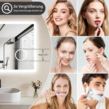 Дзеркало для ванної кімнати LUVODI з підсвічуванням 100x70 см: годинник, температура, дата, антизапар, регулювання яскравості, 3 кольори світла, функція пам'яті, LED, водонепроникність (60L x 80B см, 3x лупа + Bluetooth)