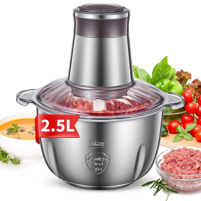 Електричний подрібнювач FOHERE для кухні, 350W, з чашею 2.5л з нержавіючої сталі та 2 швидкостями, 4 леза з нержавіючої сталі для м'яса, цибулі та овочів