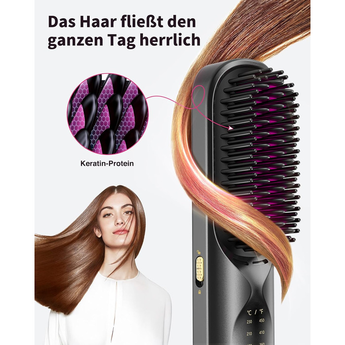 Bopcal Міні випрямляч для волосся - щітка-випрямляч, бездротова, 10000mAh, іонна технологія, професійний захист від опіків, швидкий нагрів, 6 температурних режимів, для подорожей, чорний