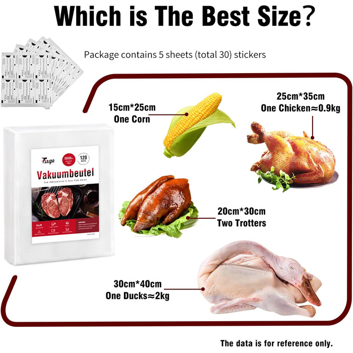 Fitge Vacuum Bags 170µm 15x25cm + 20x30cm + 30x40cm 150 Bags for all vacuum sealers Vacuum bags for food BPA-free, strong & tear-resistant Pro vacuum film Sous Vide freezer bags