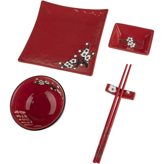 Традиційний японський набір для суші – 2 персони – червоний набір посуду з порцеляни з квітковим орнаментом (японський подарунок)