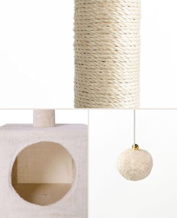 Lionto Scratching Post for Cats with Cave and Plush Ball incl. Bell, Height 85 cm, Cat Tree with Sisal & Plush, Cozy Resting Areas & Cave, Suitable for Small & Large Cats, Beige