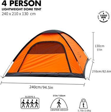 Намет кемпінговий 3-4 особи Campingzelt помаранчевий: легкий, водонепроникний, з вентиляцією та захистом від комарів