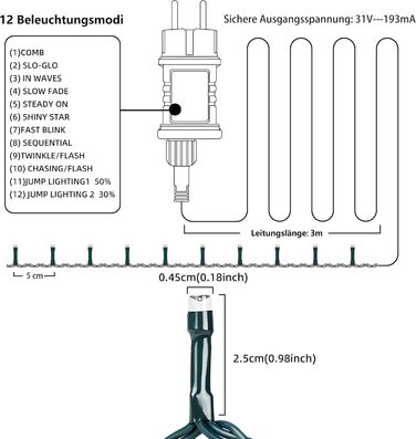 LED гірлянда WISD 13м, 200 LED, рожево-біла. Диммування, 12 режимів, таймер, EU штекер. Декоративне освітлення для дому, балкону, саду.